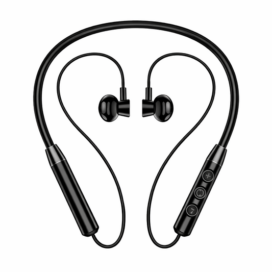 Black wireless earbuds with neckband on a white background