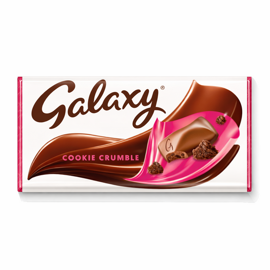 Cadbury Galaxy Cookie Crumble chocolate bar displayed on a pure white background, showing glossy packaging with pink accents and cookie crumble illustration.