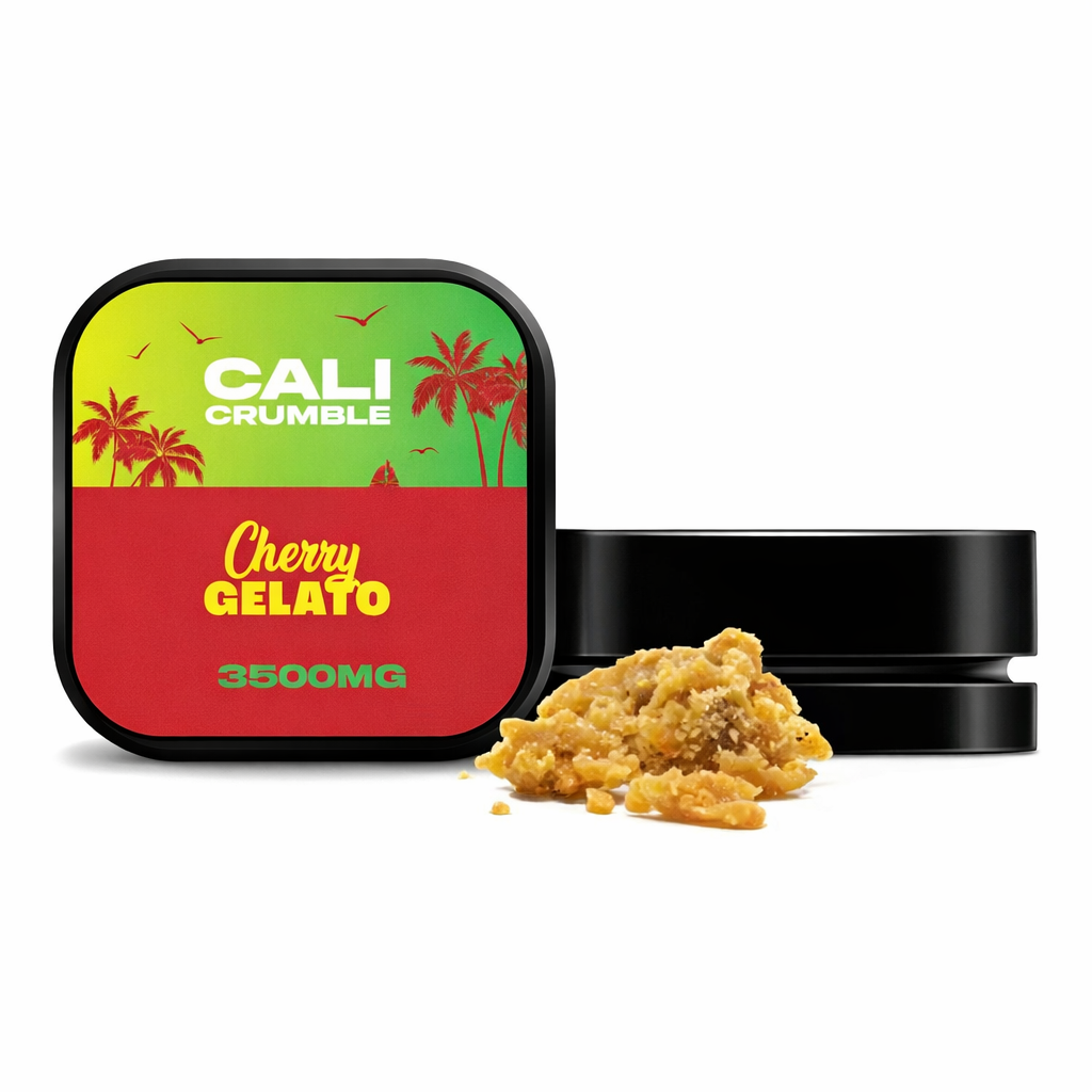 Cali Crumble extract in a 3.5g jar displayed upright on a pure white background with clear branding and enhanced colour.