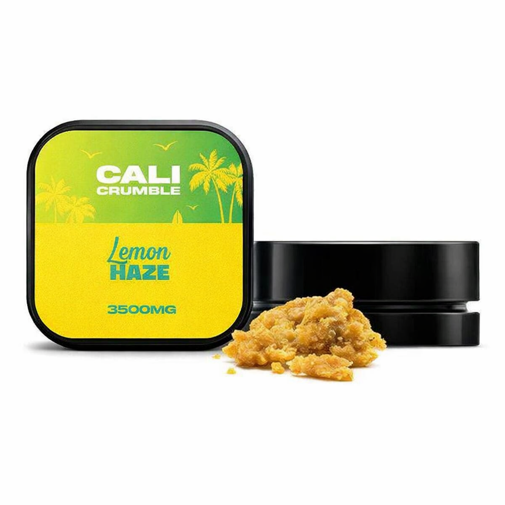 Cali Crumble extract in a 3.5g jar displayed upright on a pure white background with clear branding and enhanced colour.