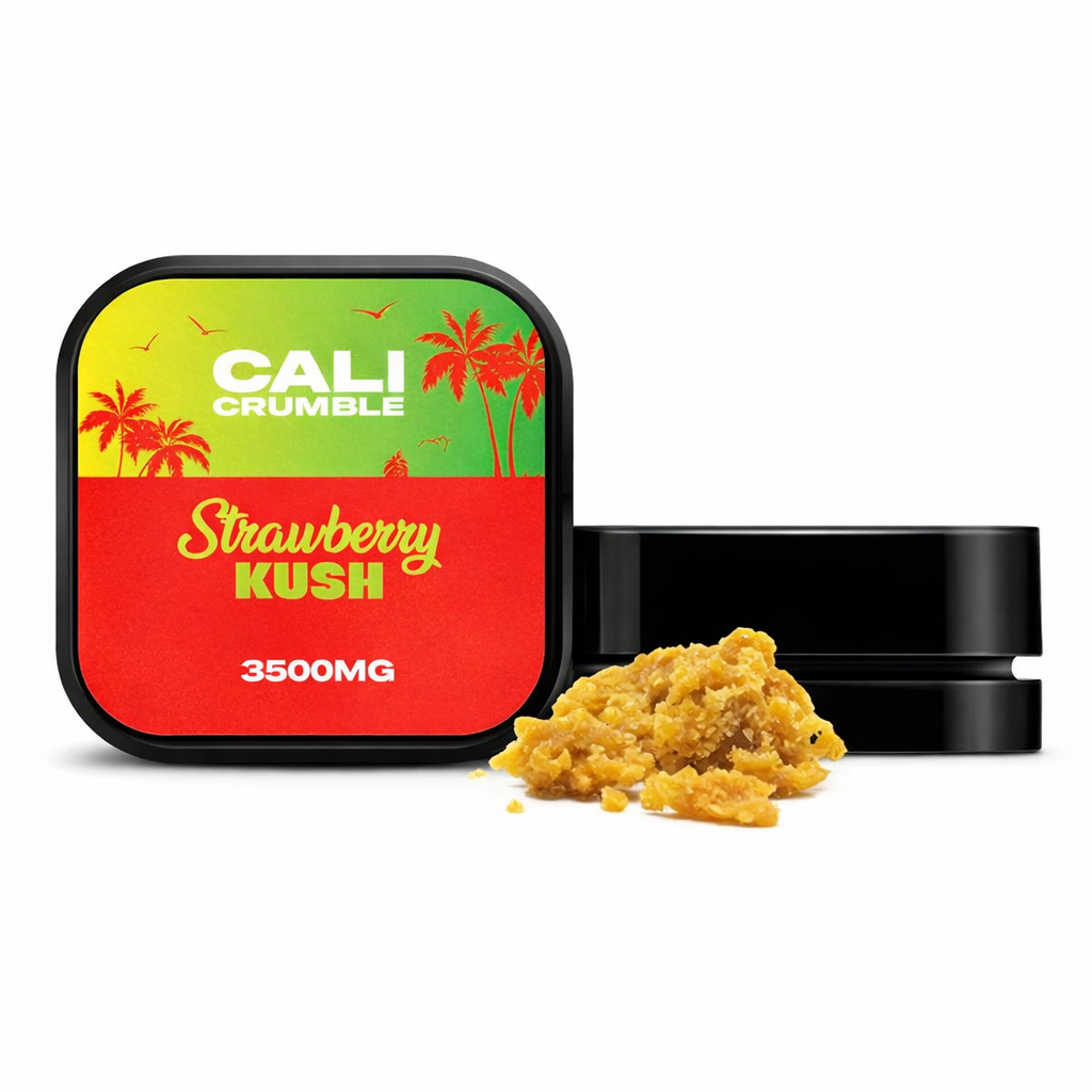 Cali Crumble extract in a 3.5g jar displayed upright on a pure white background with clear branding and enhanced colour.