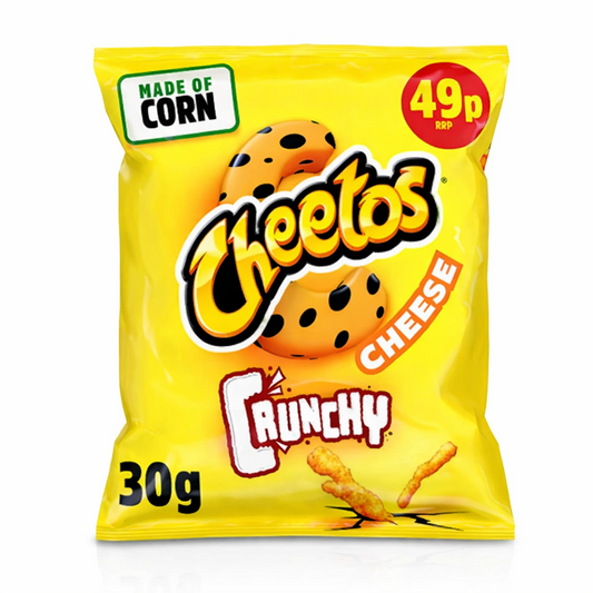 Cheetos Crunchy Cheese 30g bag on a pure white background showing glossy yellow packaging with the Cheetos logo, “Made of Corn” label, “49p RRP” price circle, and crunchy cheese crisps illustration.