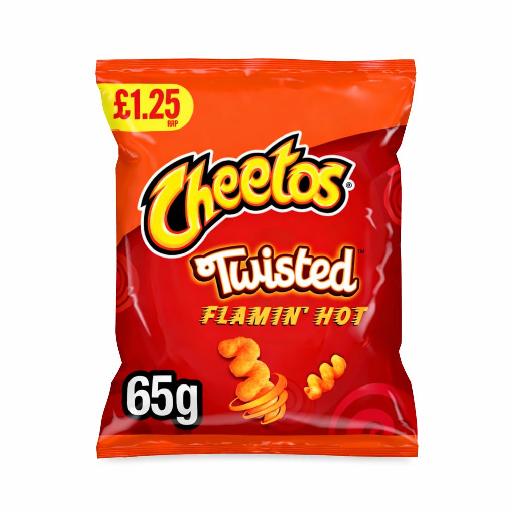Cheetos Twisted Flamin’ Hot 65g bag shown upright with red and orange branded packaging on a pure white background.