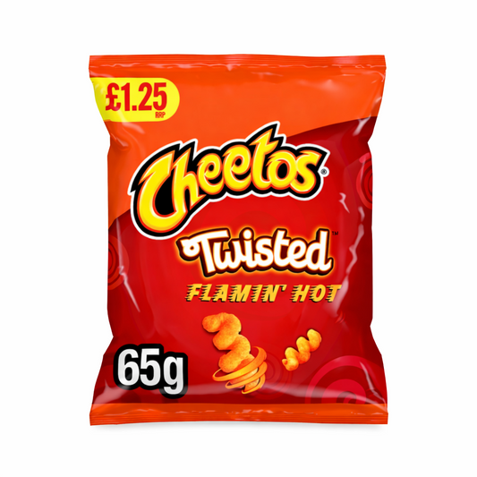 Cheetos Twisted Flamin’ Hot 65g bag shown upright with red and orange branded packaging on a pure white background.