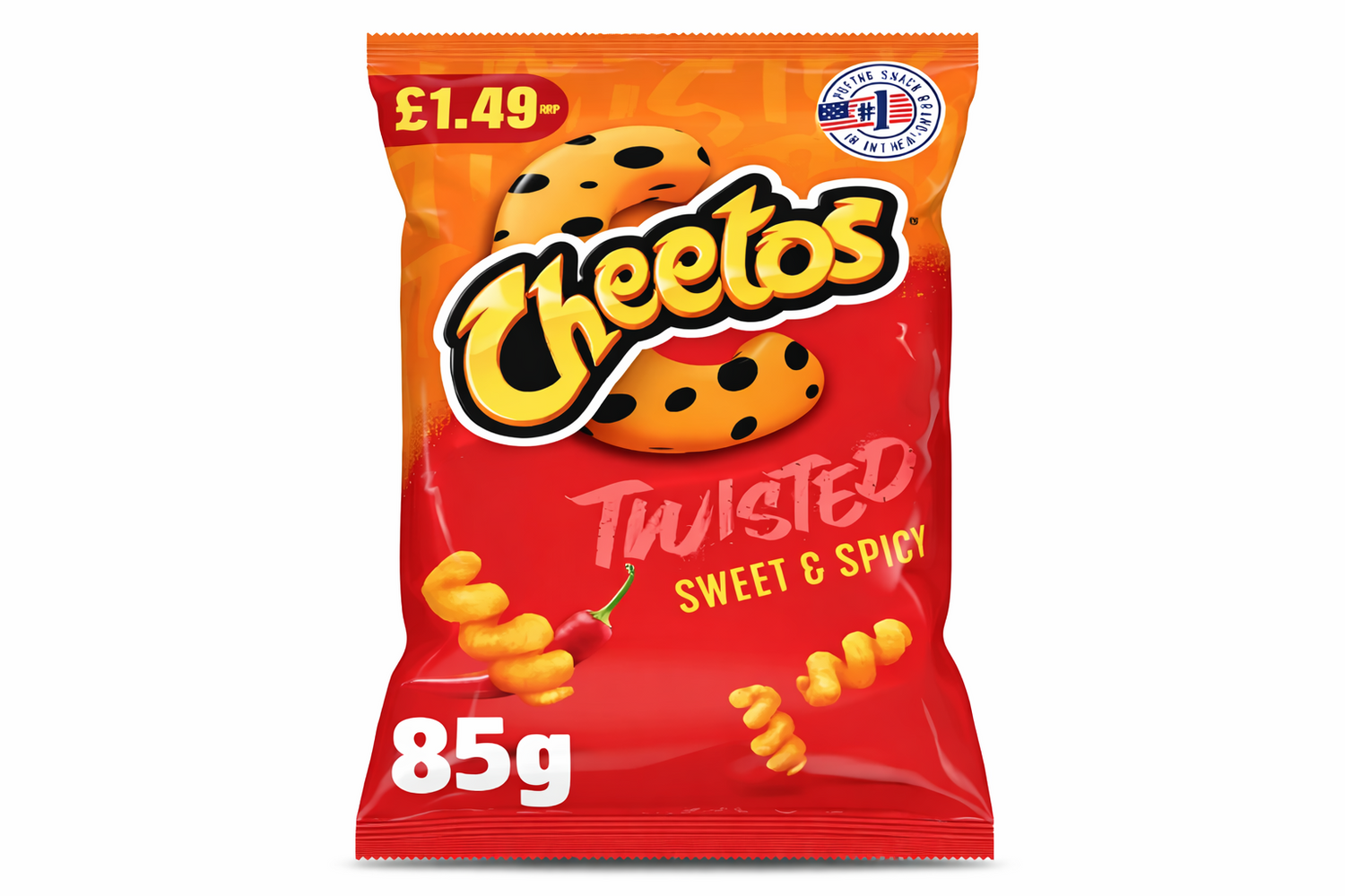 Cheetos Twisted Sweet & Spicy 85g bag centered on a pure white background, orange and red packaging with yellow logo and twisted corn snacks.