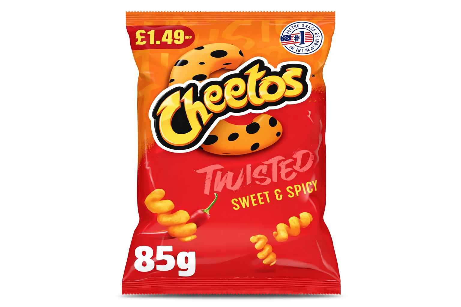 Cheetos Twisted Sweet & Spicy 85g bag shown upright with orange packaging and Cheetos branding on a pure white background.