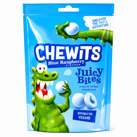 Packaging of Chewits Blue Raspberry Juicy Bites with a cartoon alligator on a pure white background.