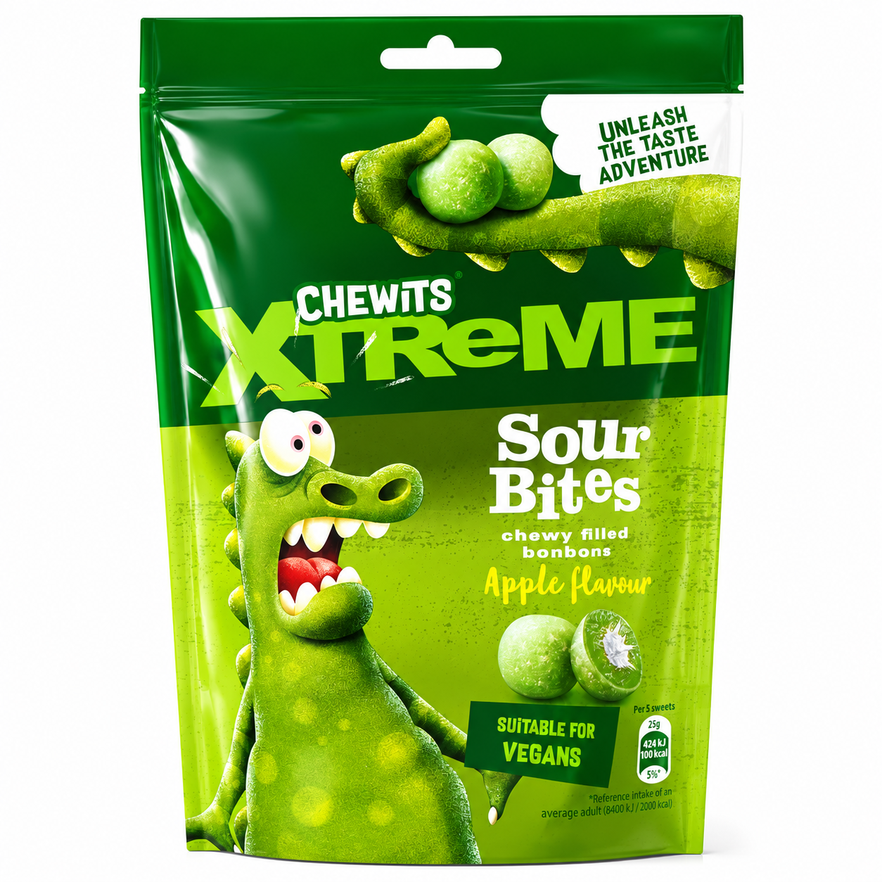 Green packaging of Chewits Xtreme Sour Bites with cartoon character on a pure white background.