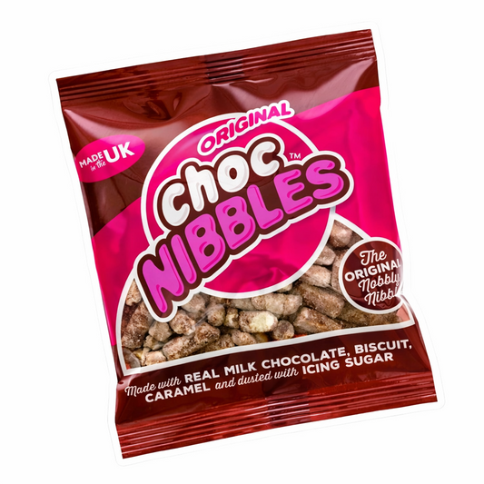 Choc Nibbles Original 135g bag shown upright with brown and pink branded packaging on a pure white background.