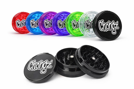 Set of Chongz branded grinders in various colors on a white background