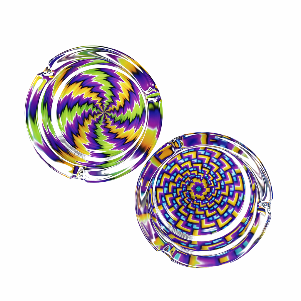 Two colorful glass bowls with a spiral design on a white background.