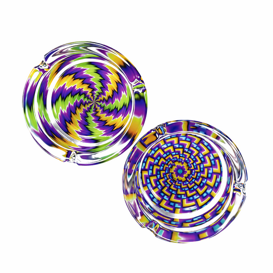 Two colorful glass bowls with a spiral design on a white background.
