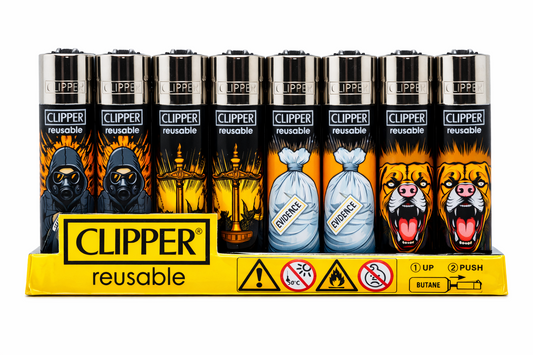 Display box of 48 Clipper lighters on a pure white background, showing assorted colourful lighter designs arranged neatly in rows.