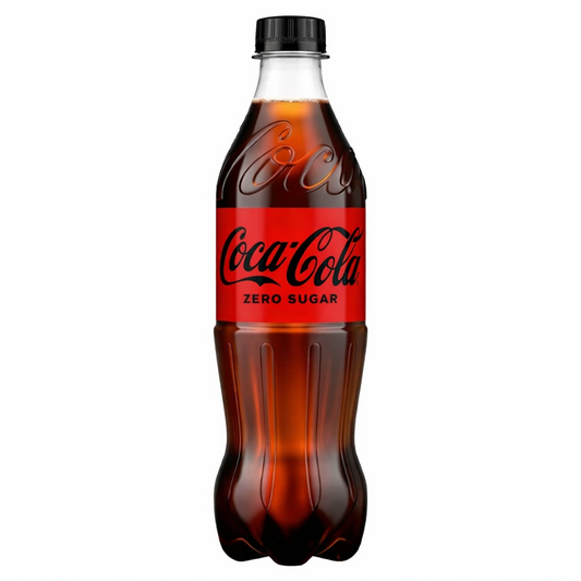 Coca‑Cola Zero Sugar 500ml plastic bottle shown upright with red and black branded label on a pure white background.