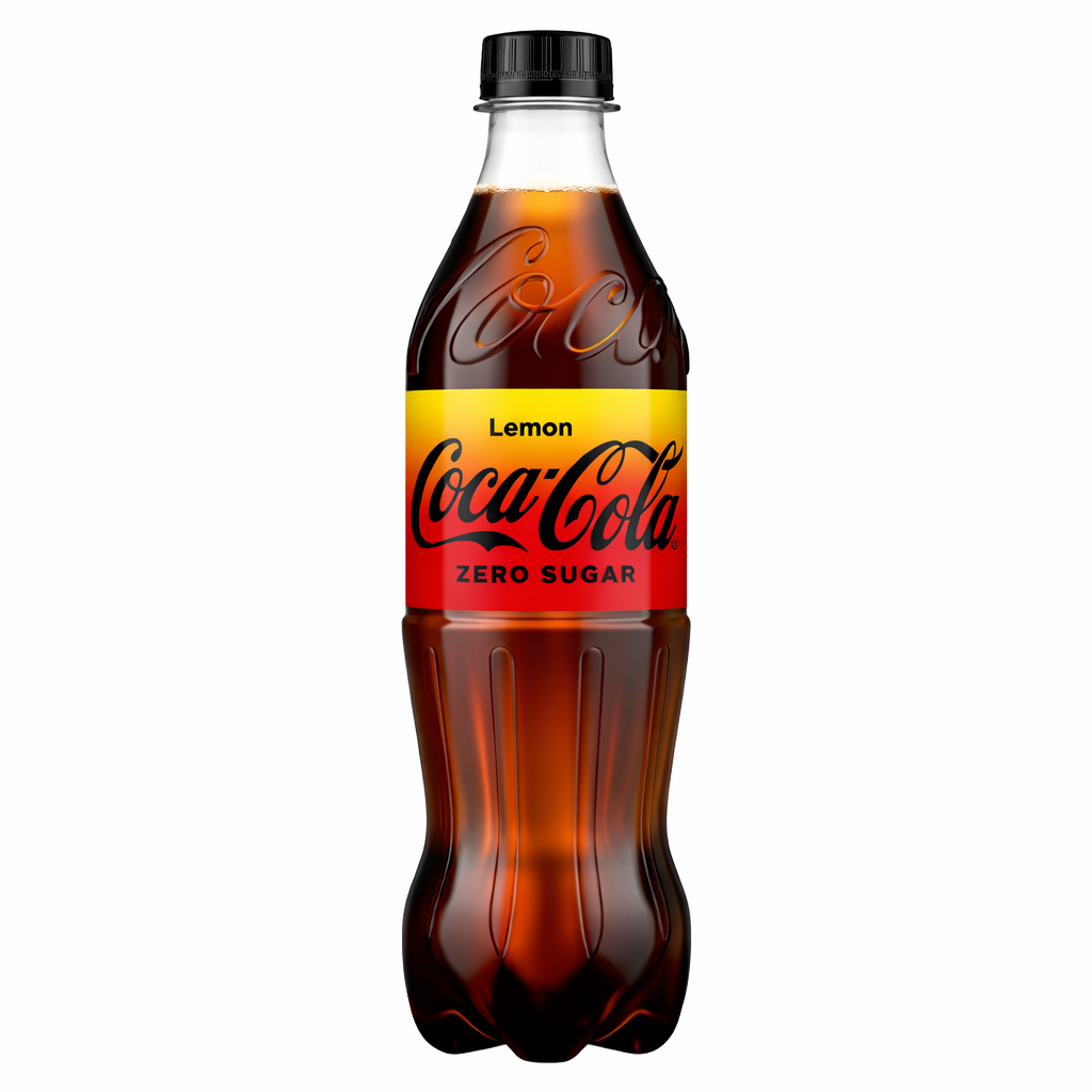 Coca‑Cola Zero Sugar Lemon 500ml plastic bottle shown upright with red and black branded label on a pure white background.