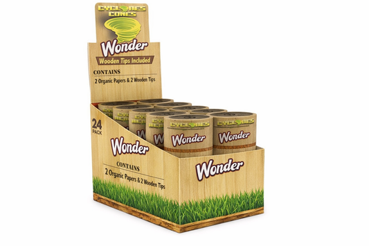 Cyclones Organic Cones Wonder edition with wooden tips, full box packaging displayed on a pure white background.