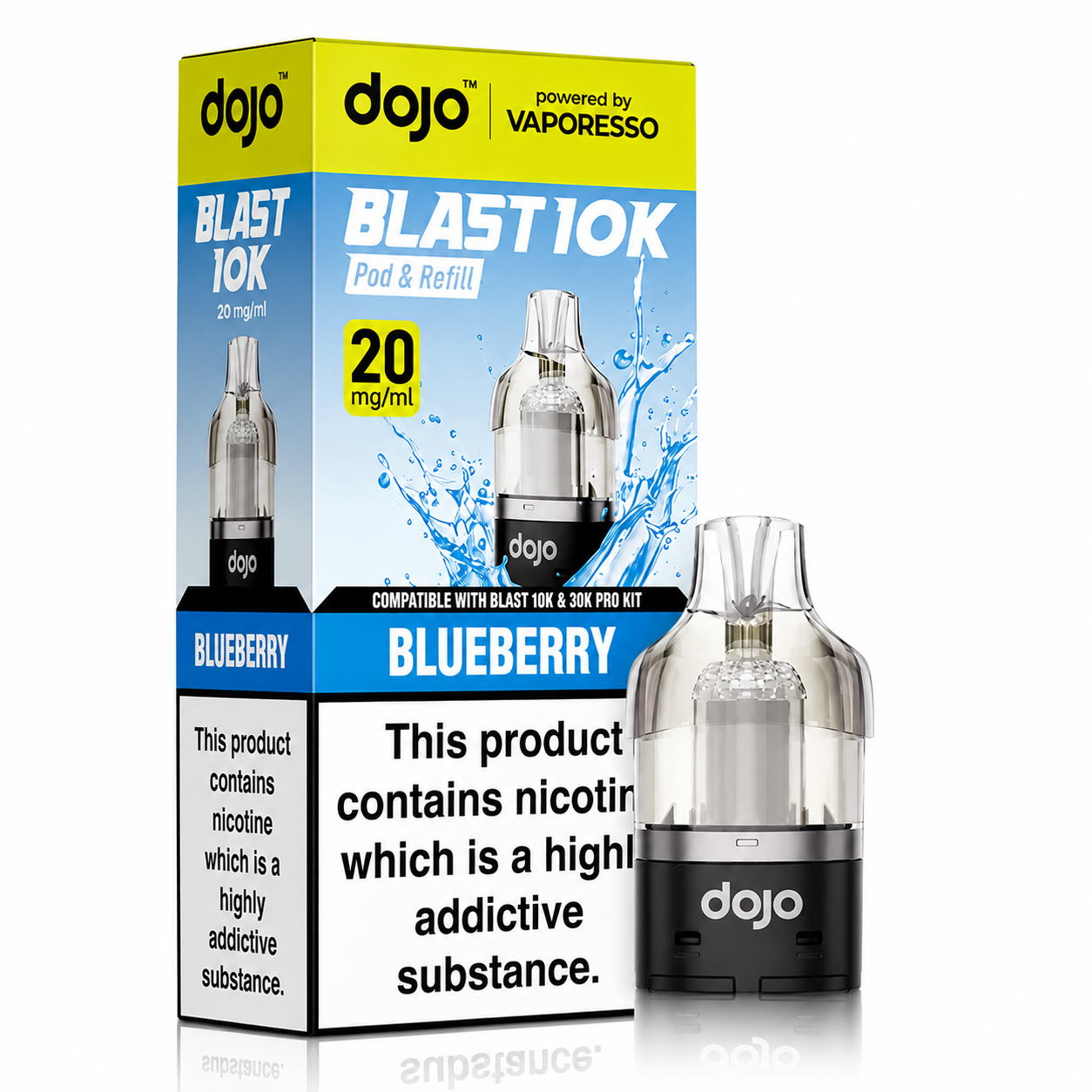 Dojo Blast 10K Pods Blueberry powered by Vaporesso – pod and packaging image on a pure white background.