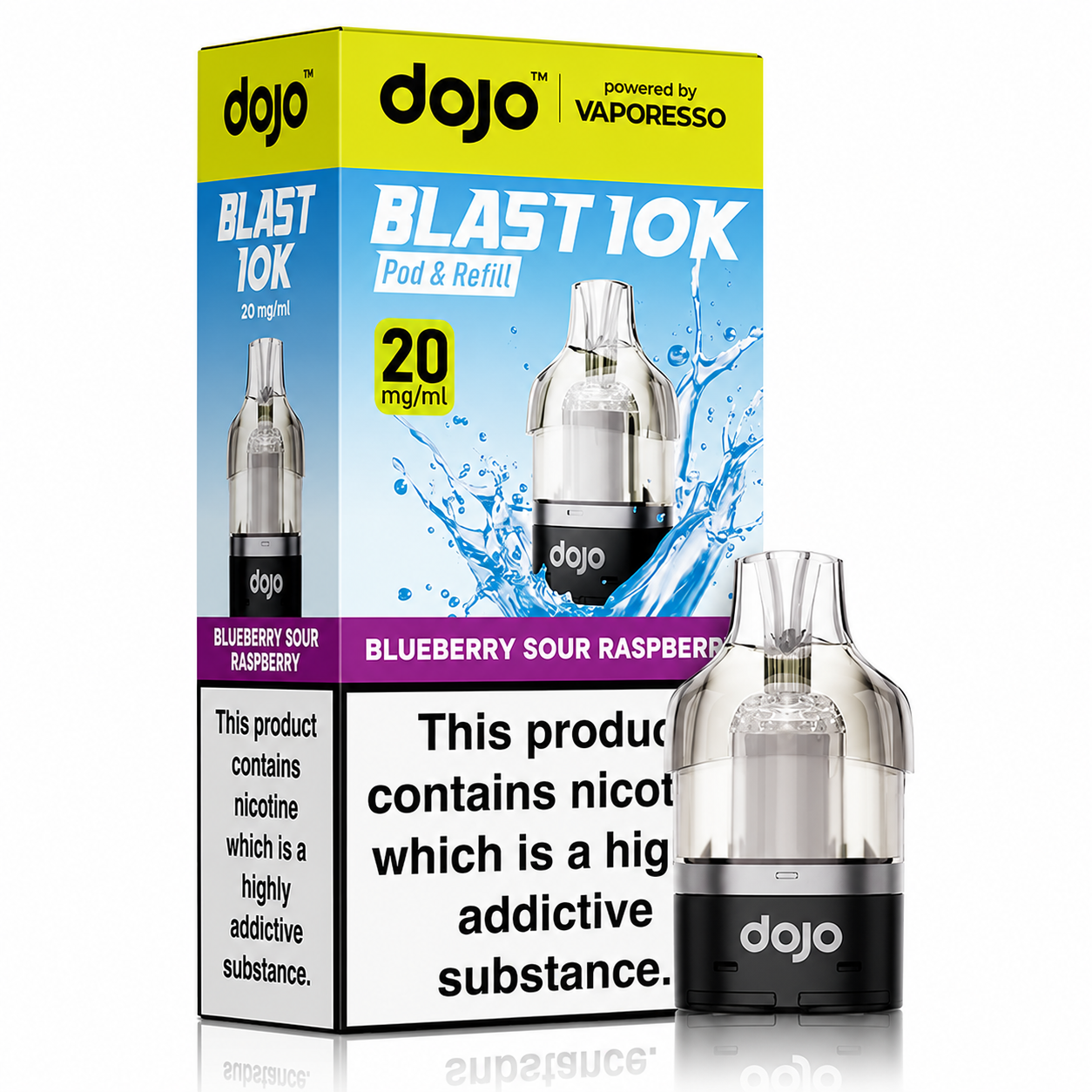 Dojo Blast 10K Pods Blueberry Sour Raspberry powered by Vaporesso – pod and packaging image on a pure white background.