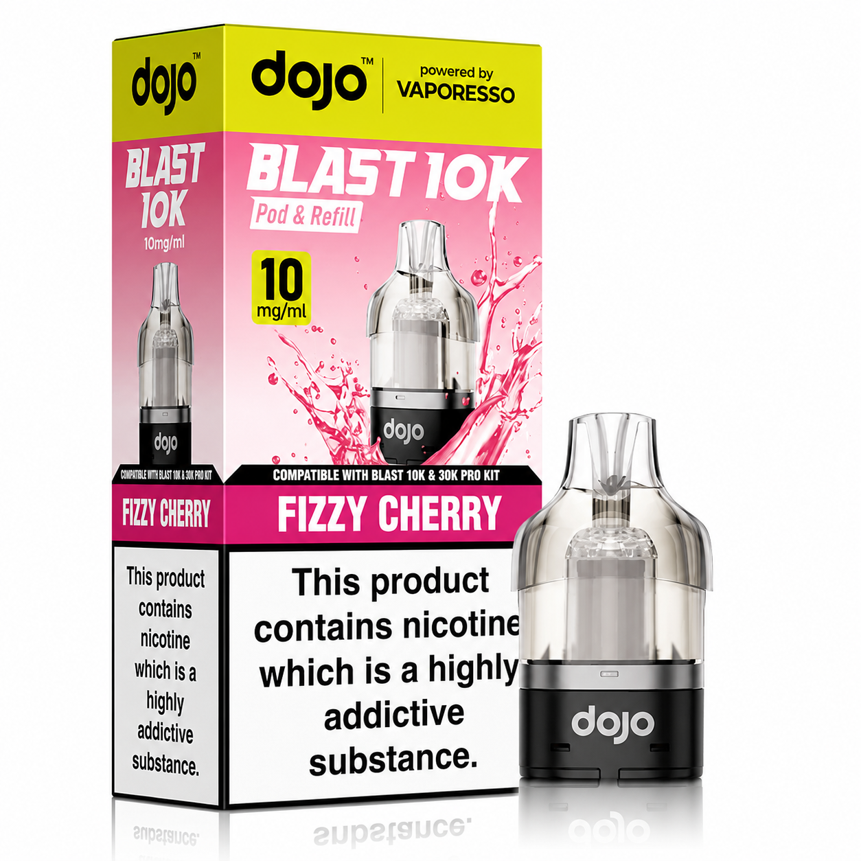 Dojo Blast 10K Pods Fizzy Cherry powered by Vaporesso – pod and packaging image on a pure white background.