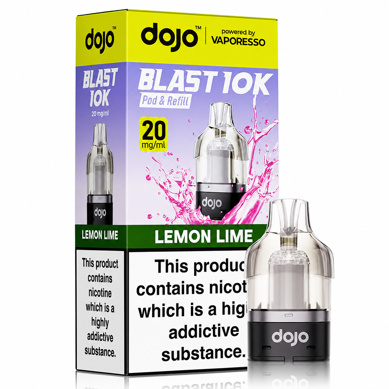 Dojo Blast 10K Pods Lemon Lime powered by Vaporesso – pod and packaging image on a pure white background.