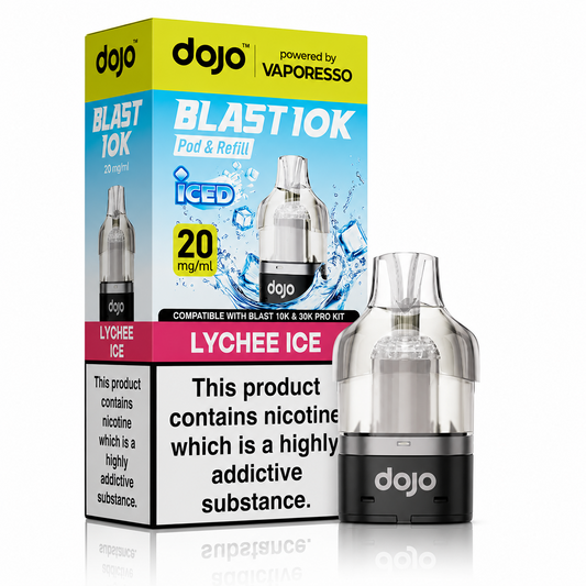 Dojo Blast 10K Pods Lychee Ice powered by Vaporesso – pod and packaging image on a pure white background.