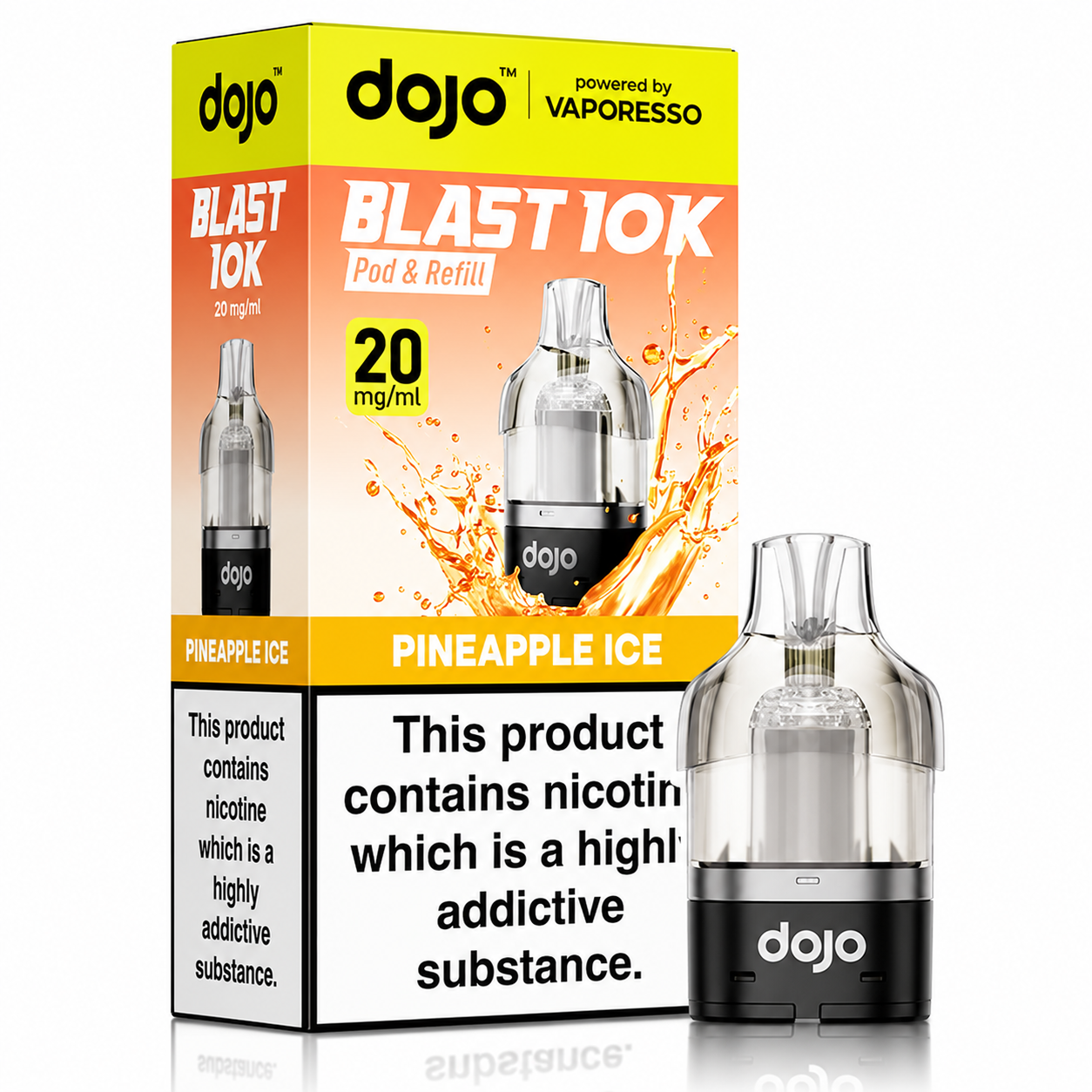 Dojo Blast 10K Pods Pineapple Ice powered by Vaporesso – pod and packaging image on a pure white background.