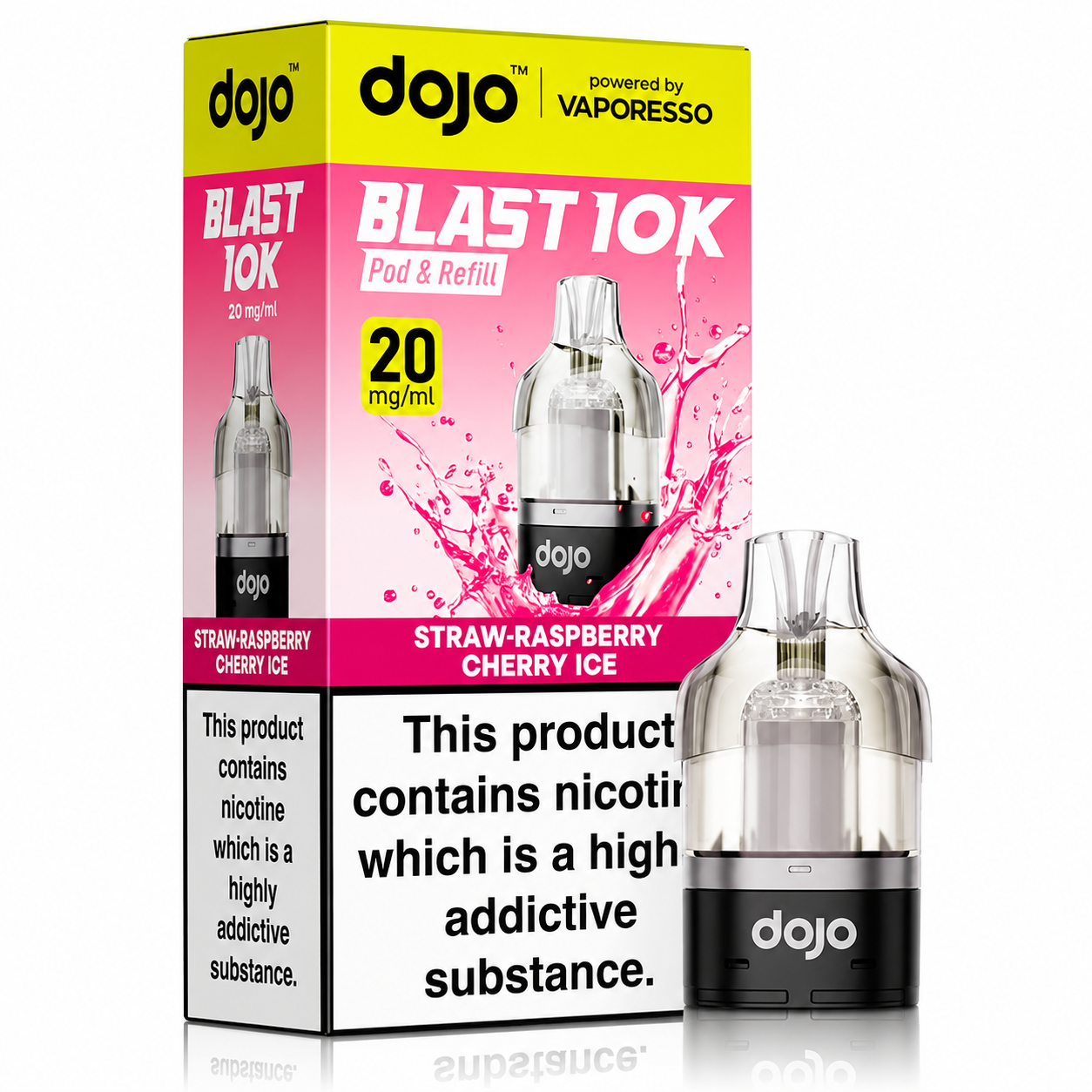 Dojo Blast 10K Pods Straw-Raspberry Cherry Ice powered by Vaporesso – pod and packaging image on a pure white background.