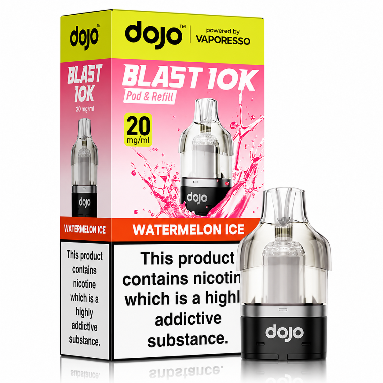 Dojo Blast 10K Pods Watermelon Ice powered by Vaporesso – pod and packaging image on a pure white background.