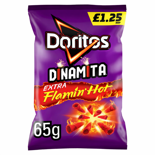 Doritos Dinamita Extra Flamin’ Hot 65g bag on a pure white background showing glossy purple packaging with the Doritos logo, “DINAMITA” and “EXTRA Flamin’ Hot” text, flame graphics, and rolled tortilla crisps illustration.