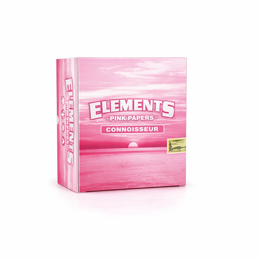 Elements Connoisseur King Size rolling papers with tips full box in pink branded packaging displayed on a pure white background.