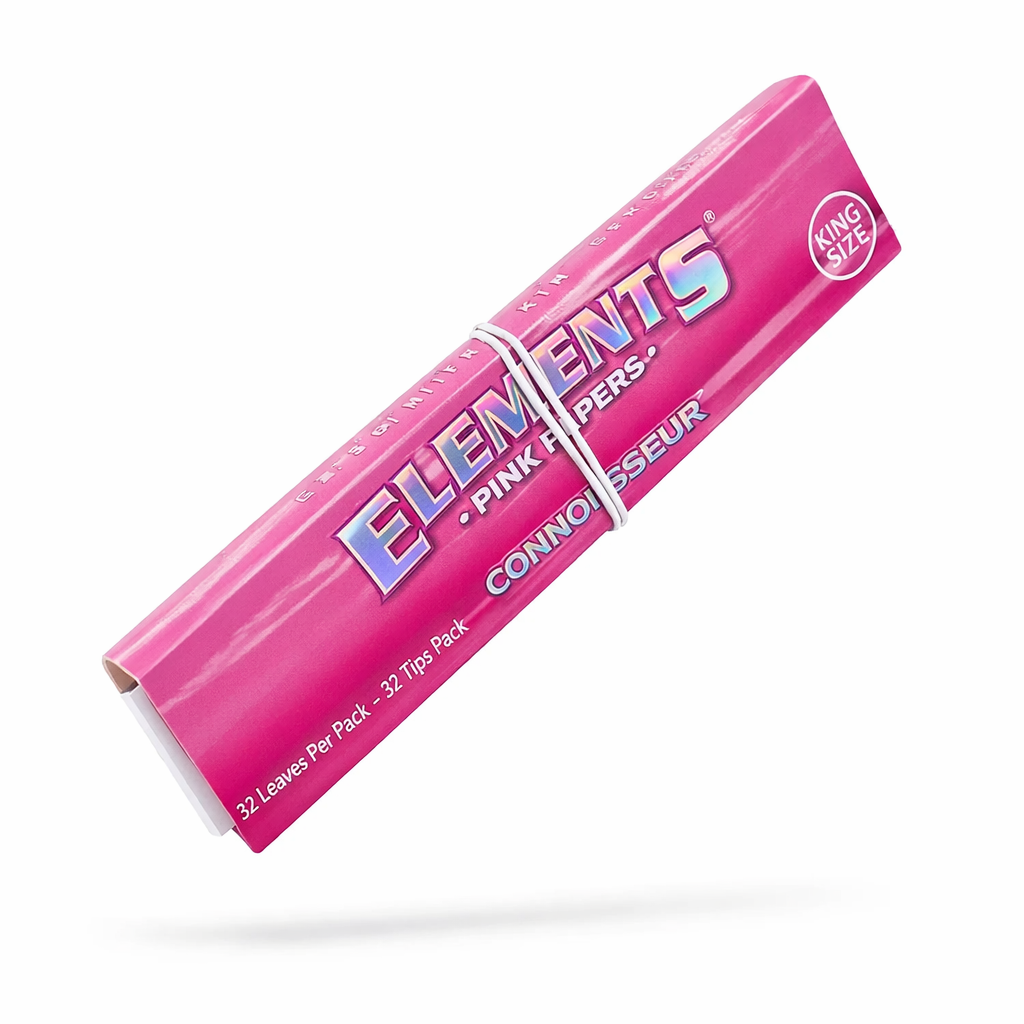 Elements Connoisseur King Size rolling papers shown in branded pink packaging on a pure white background.