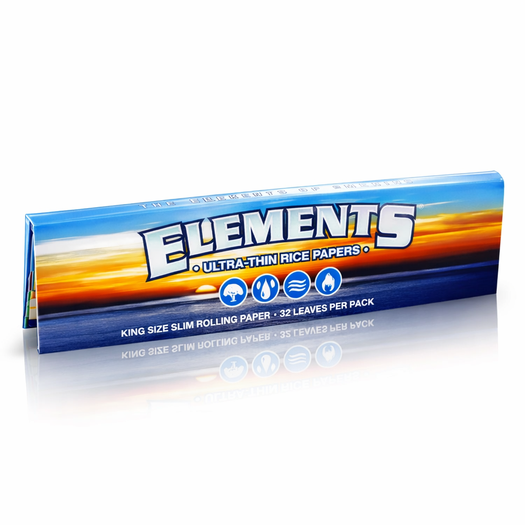 Elements King Size rolling papers pack with natural finish and blue‑orange branding displayed on a pure white background.