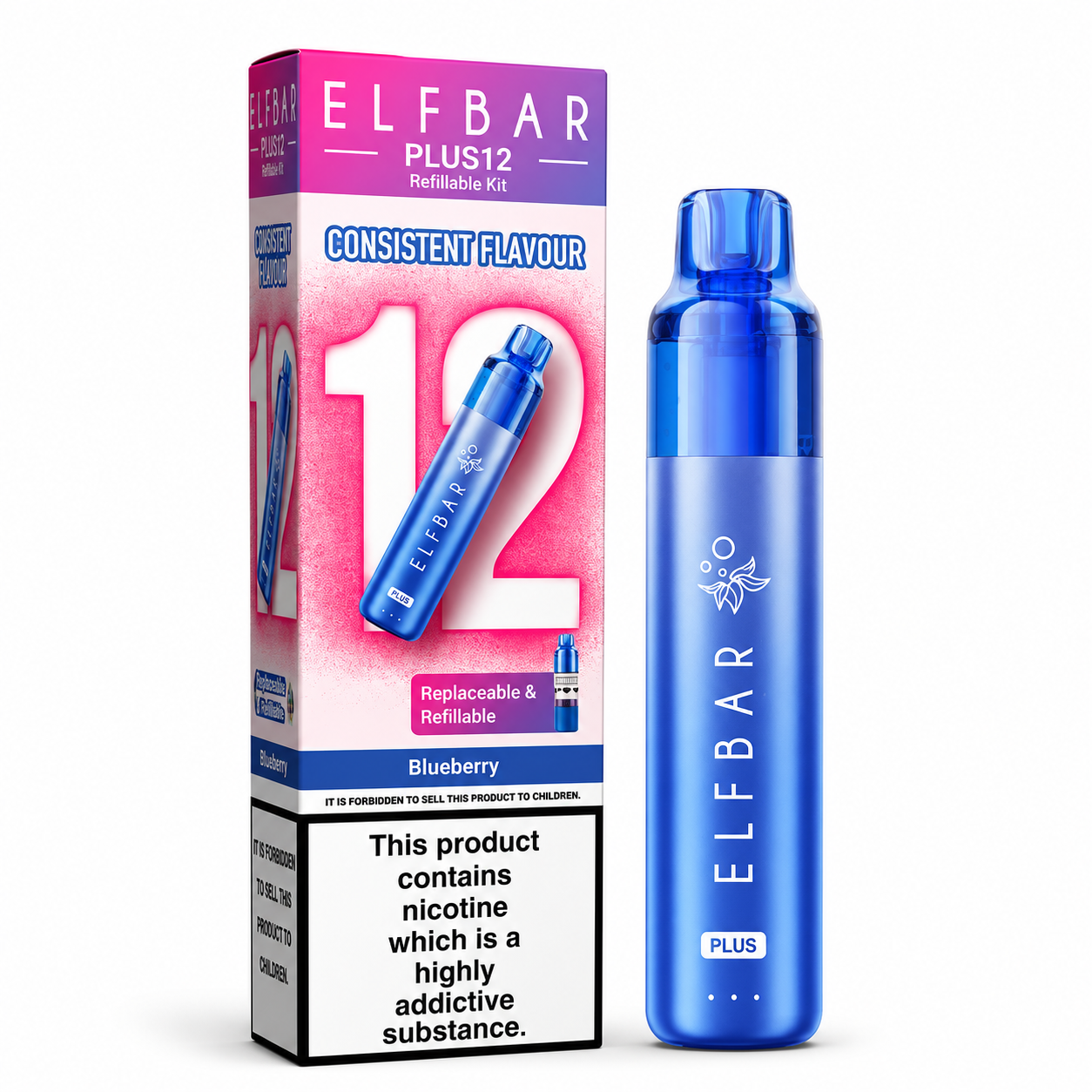 ELFBAR Plus 12 Refillable Kit featuring the refillable device and retail box on a clean white studio background.
