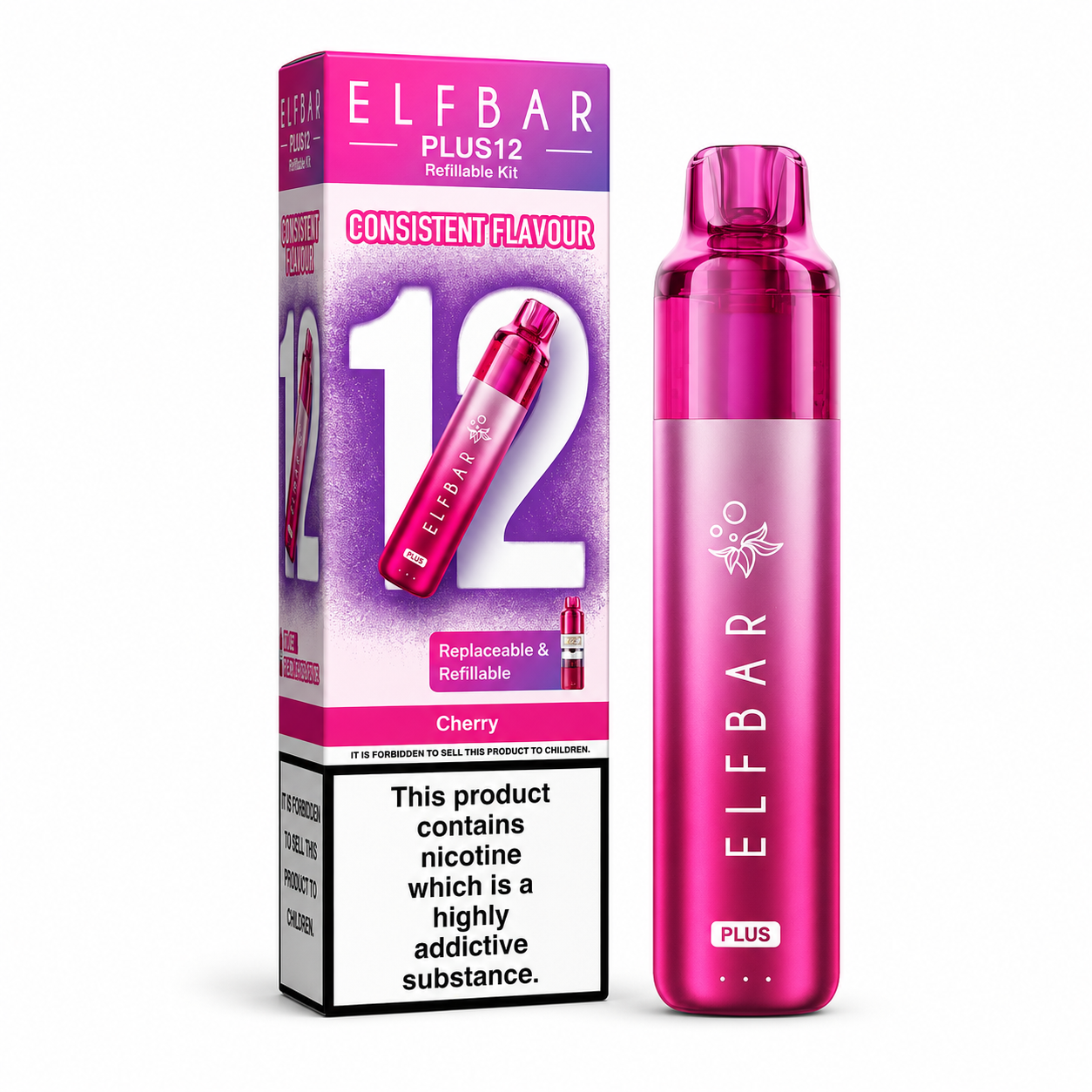 ELFBAR Plus 12 Refillable Kit featuring the refillable device and retail box on a clean white studio background.