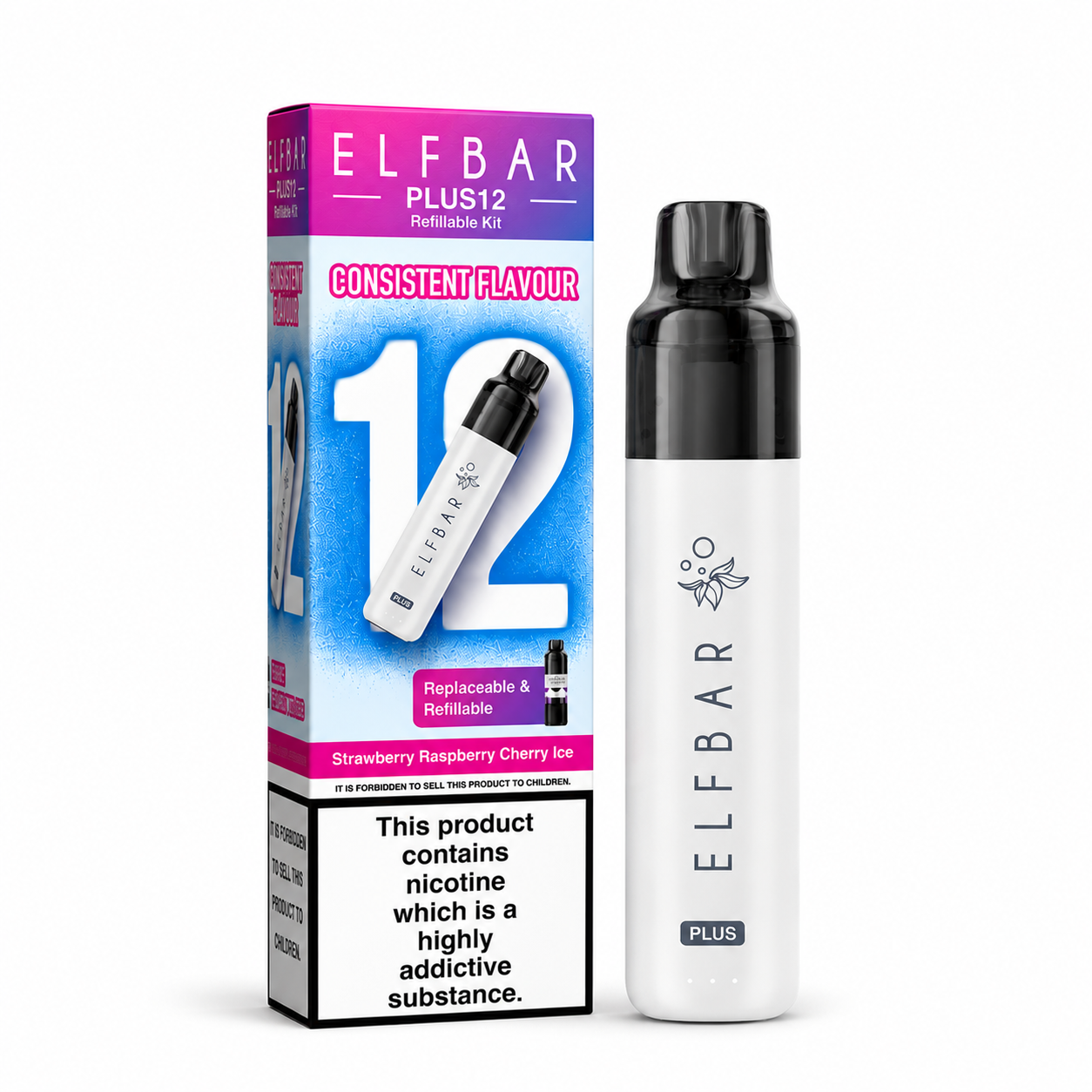 ELFBAR Plus 12 Refillable Kit featuring the refillable device and retail box on a clean white studio background.