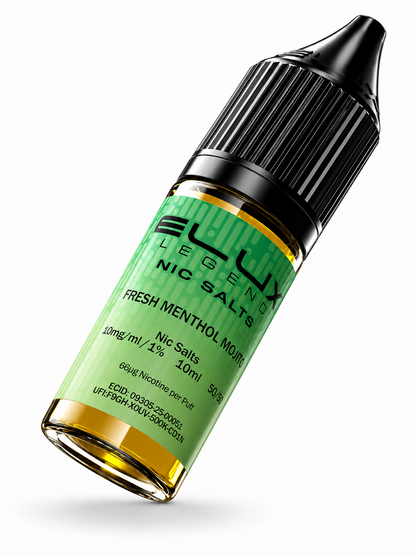 Elux Legend nic salt bottle displayed on a pure white background with clear label detailing.