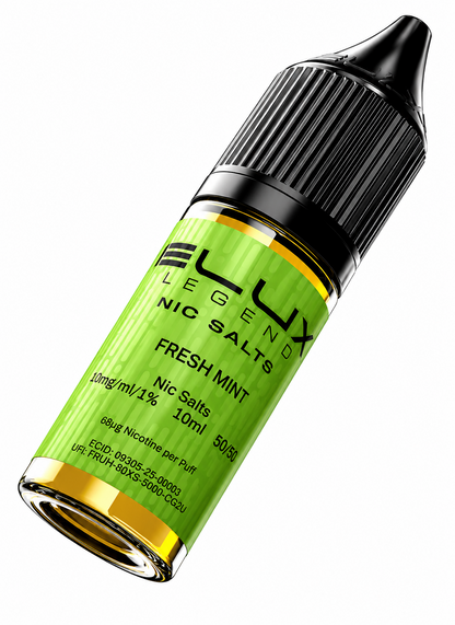 Elux Legend nic salt bottle displayed on a pure white background with clear label detailing.