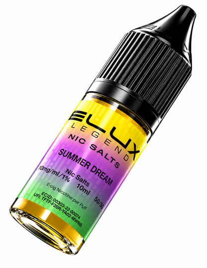 Elux Legend nic salt bottle displayed on a pure white background with clear label detailing.