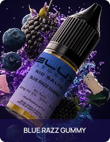 E-liquid bottle with blue label on a colorful background