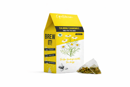Equilibrium Calming Chamomile tea bags displayed in premium botanical packaging on a pure white background with clear branding and enhanced colour.