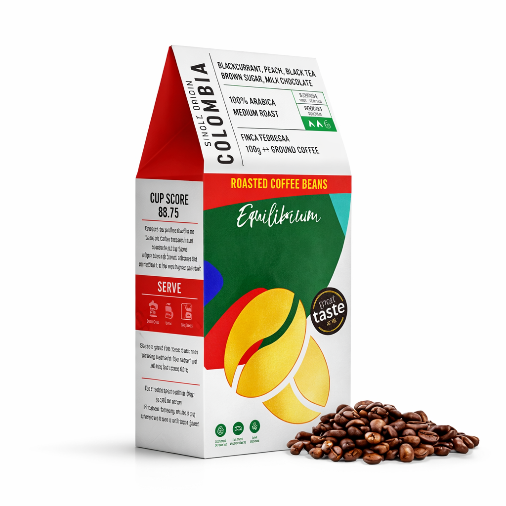 Equilibrium coffee beans displayed in premium roasted coffee packaging on a pure white background with clear branding and enhanced colour.