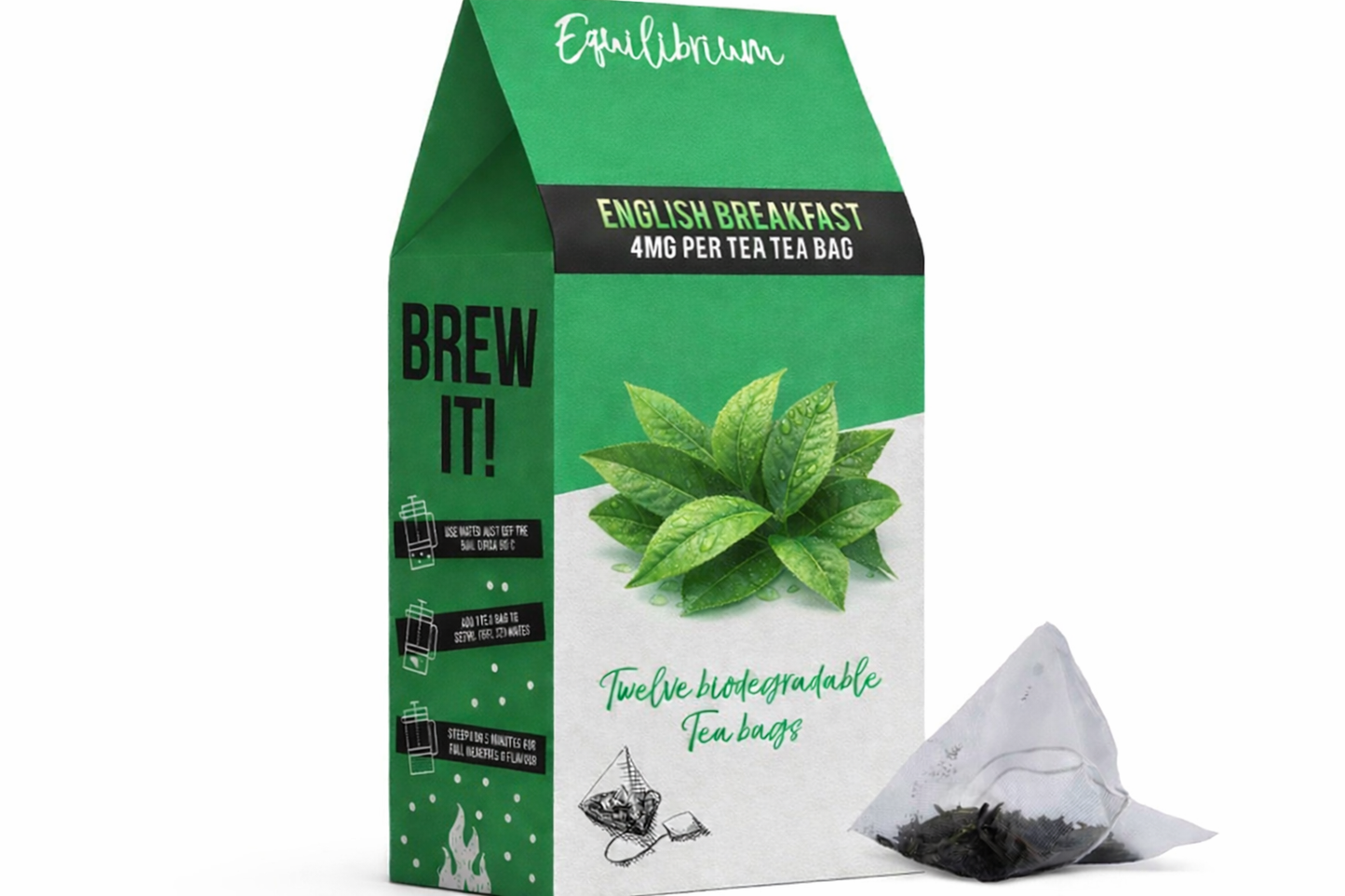Equilibrium English Breakfast tea bags displayed in premium botanical packaging on a pure white background with clear branding and enhanced colour.
