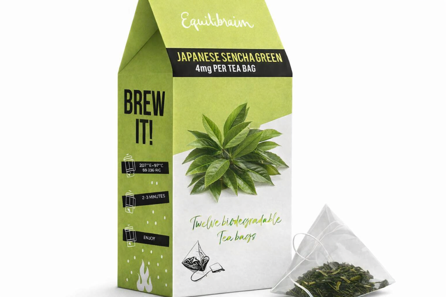 Equilibrium Japanese Sencha Green Tea tea bags displayed in premium botanical packaging on a pure white background with clear branding and enhanced colour.