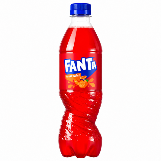 Red Fanta bottle with blue cap on a pure white background.