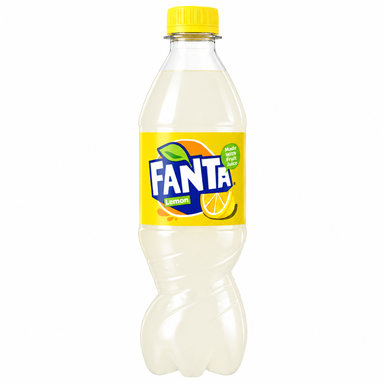 Fanta lemonade bottle with yellow cap on a pure white background.