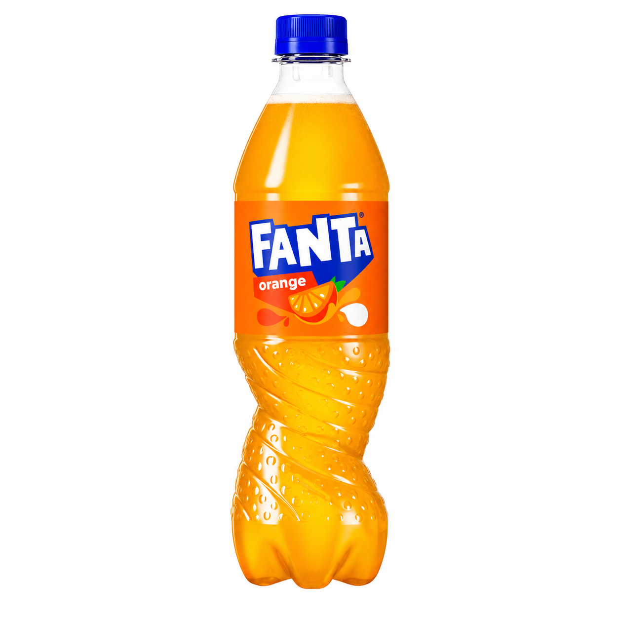 Fanta orange soda bottle with blue cap on a pure white background.