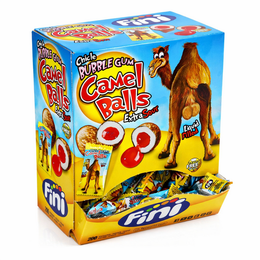 Fini Camel Balls Extra Sour Bubble Gum display box on a pure white background showing a glossy blue and yellow design with cartoon camel illustration, individually wrapped candies, and two cut‑open gum balls revealing red liquid centers.