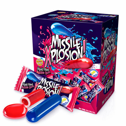 Fini Missile Xplosion liquid‑filled bubble gum single piece shown on a pure white background, featuring a glossy pink and purple wrapper with bold branding and colourful liquid splash graphics.