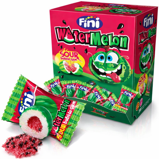 Fini Watermelon Sour Bubblegum shown in its colourful branded wrapper and box on a pure white background.