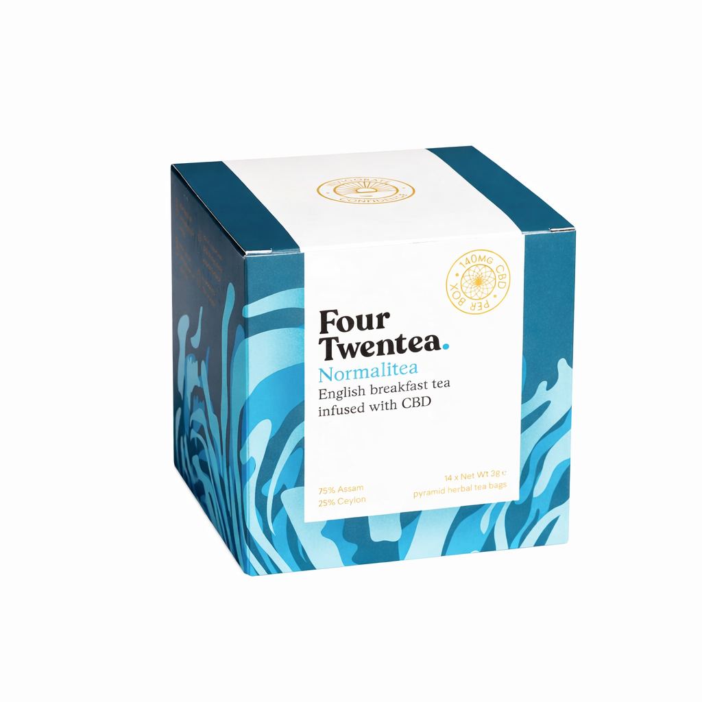 Four Twentea tea Premium Blend Normalitea box displayed upright on a pure white background with clear branding and enhanced colour.